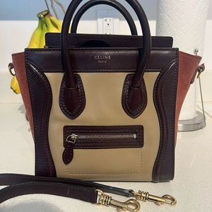 Tricolor Brown/Taupe Leather Celine Nano Luggage Crossbody WITH STRAP + DUST BAG